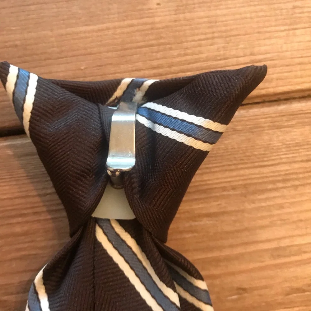 Boys Tie Clip On Brown Cream Blue 12”
